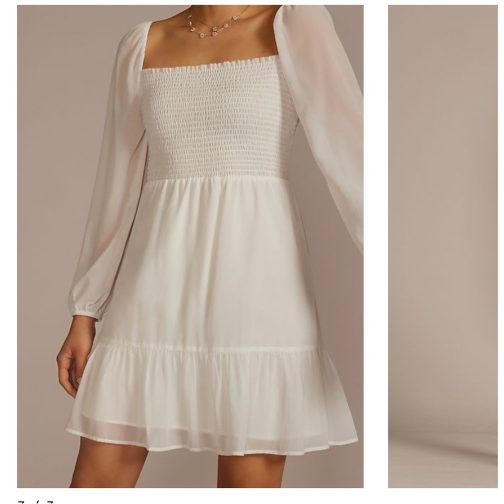 David’s Bridal Smocked long sleeve chiffon short dress